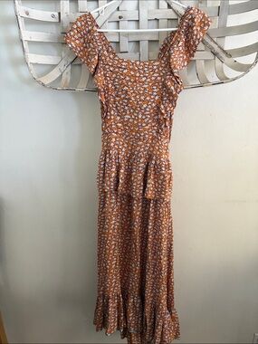 Rust Floral Maxi Dress with Ruffle Shoulders